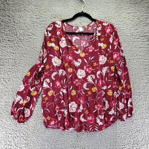 Old Navy Top Womens XL Burgundy Red Floral Long Sleeve Blouse